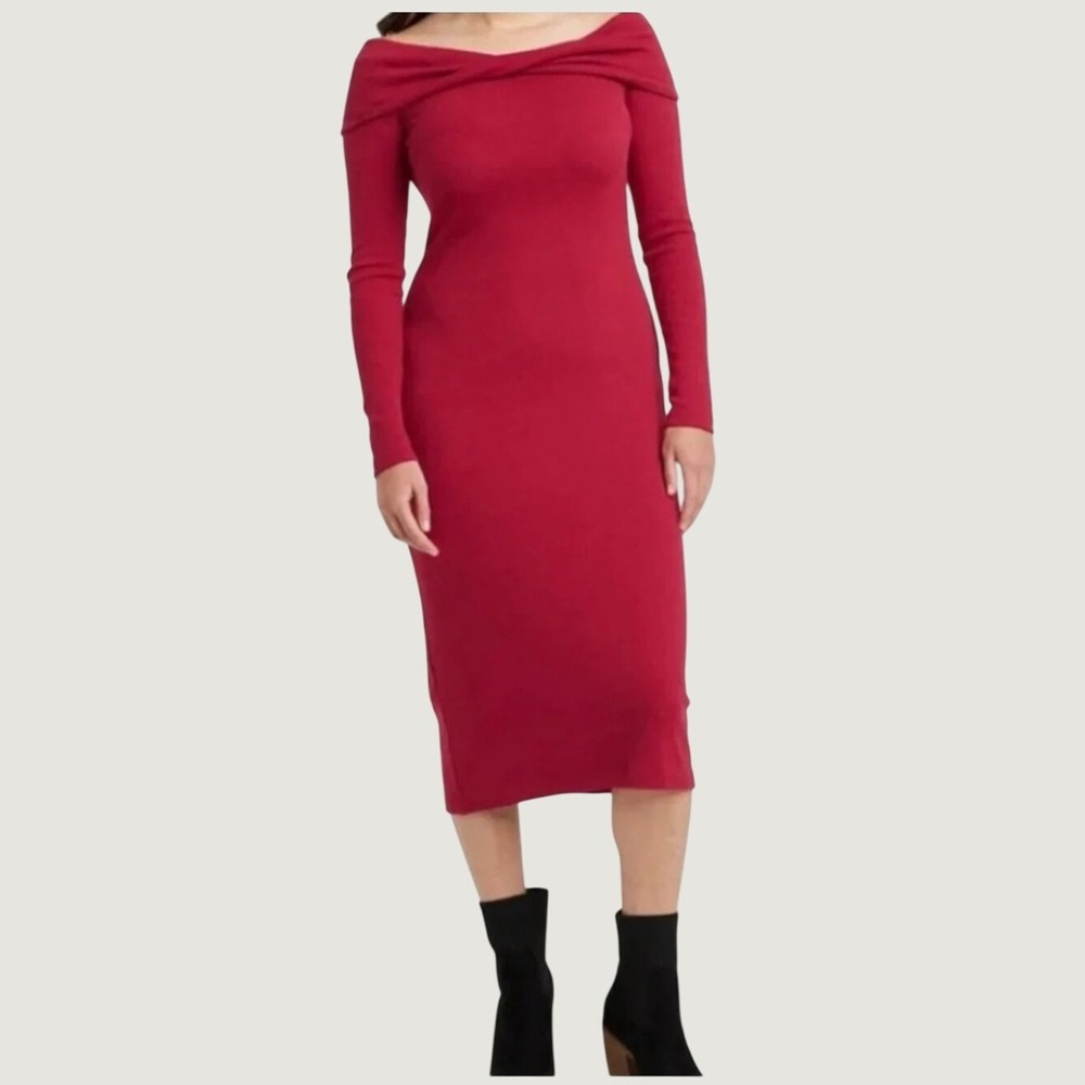 Universal Thread Red Ribbed Off Shoulder Midi Dress Bodycon Womens Medium NWT